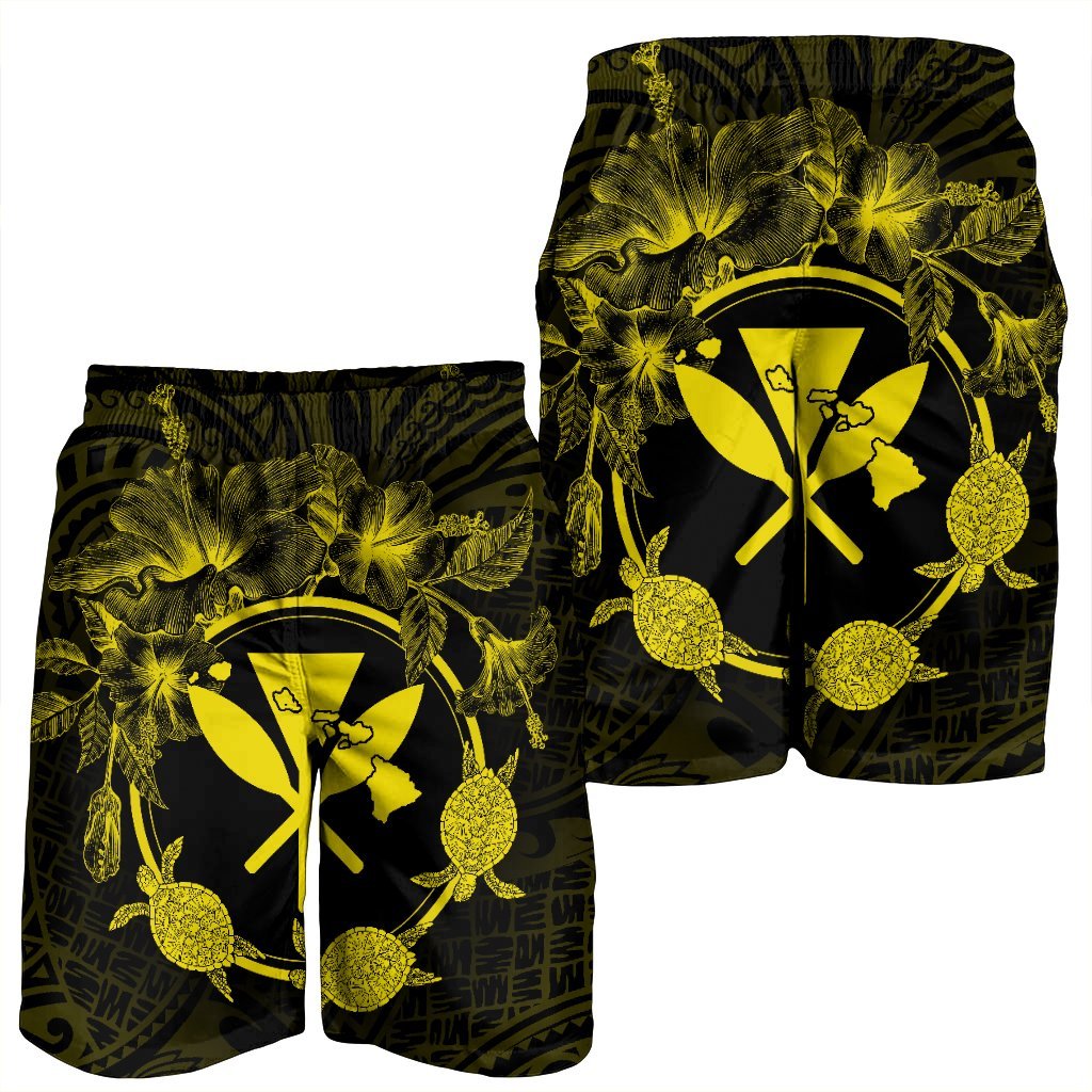 Hawaii Kanaka Turtle Hibiscus Polynesian Men's Shorts - Anthea Style Yellow - AH - Polynesian Pride