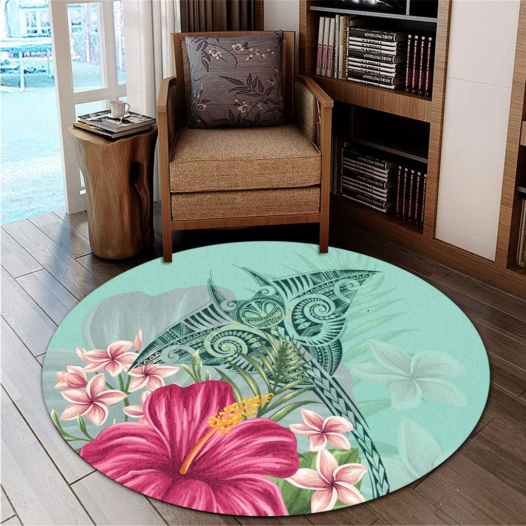 Hawaii Manta Ray Tropical Hibiscus Plumeria Round Carpet - AH - Polynesian Pride