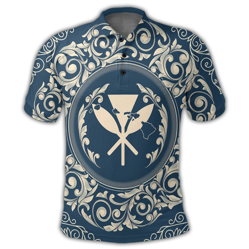 Hawaii Map Classic Floral Polo Shirt Blue - Polynesian Pride