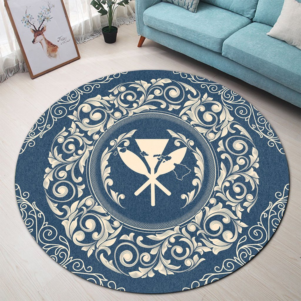 Hawaii Map Classic Floral Round Carpet Blue - AH - Polynesian Pride