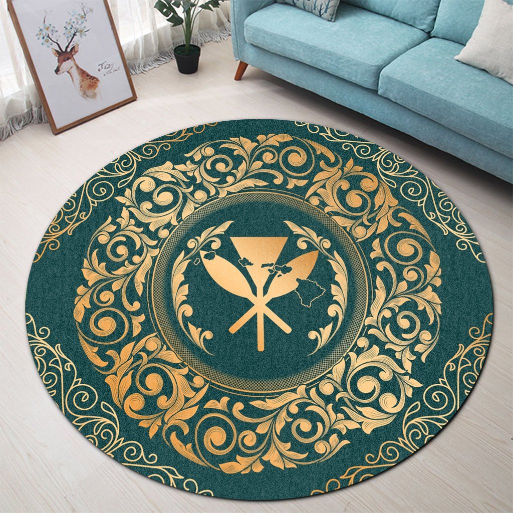 Hawaii Map Classic Floral Round Carpet Green - AH - Polynesian Pride
