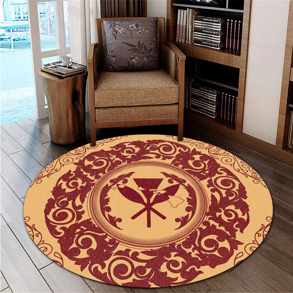 Hawaii Map Classic Floral Round Carpet Red - AH - Polynesian Pride