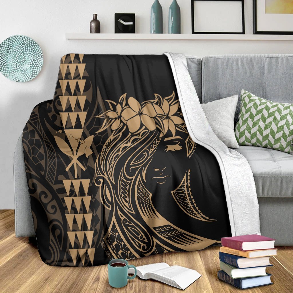Hawaii Map Kanaka Polynesian Hula Girl Premium Blankets Gold - AH - J5C - Polynesian Pride