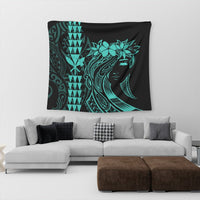Hawaii Map Kanaka Polynesian Hula Girl Tapestry Turquoise - AH - J5C - Polynesian Pride