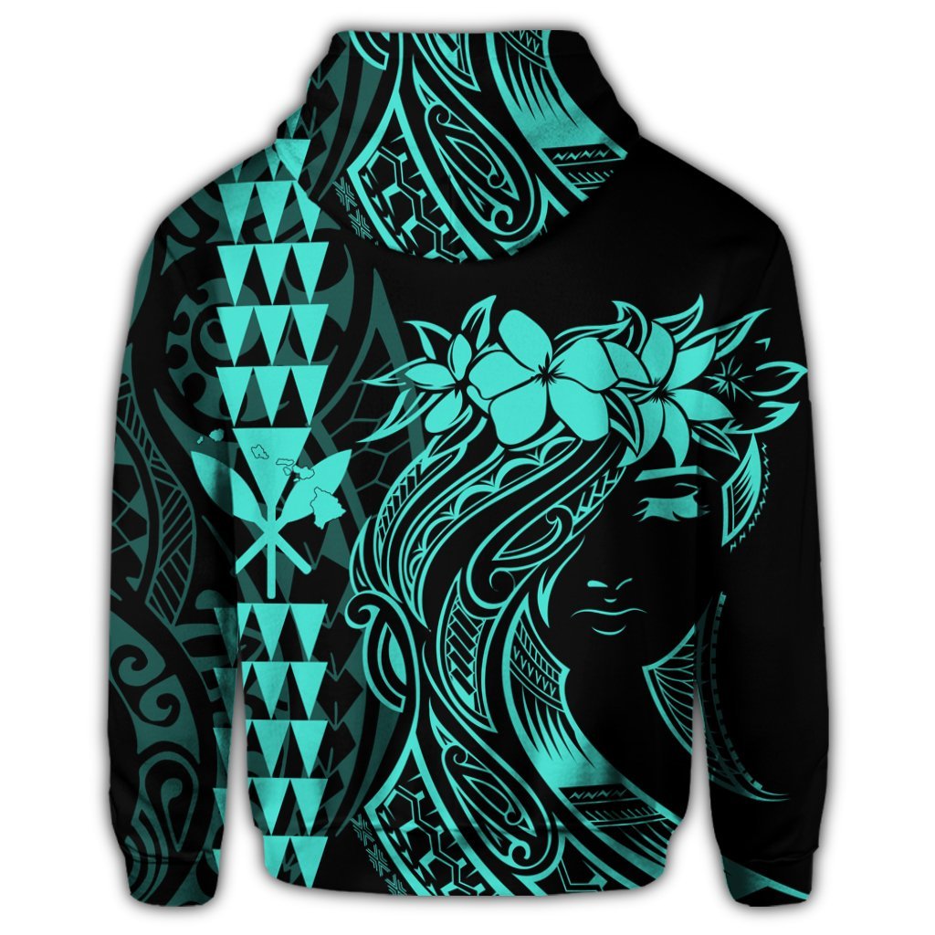 Hawaii Map Kanaka Polynesian Hula Girl Zip Hoodie Turquoise - Polynesian Pride