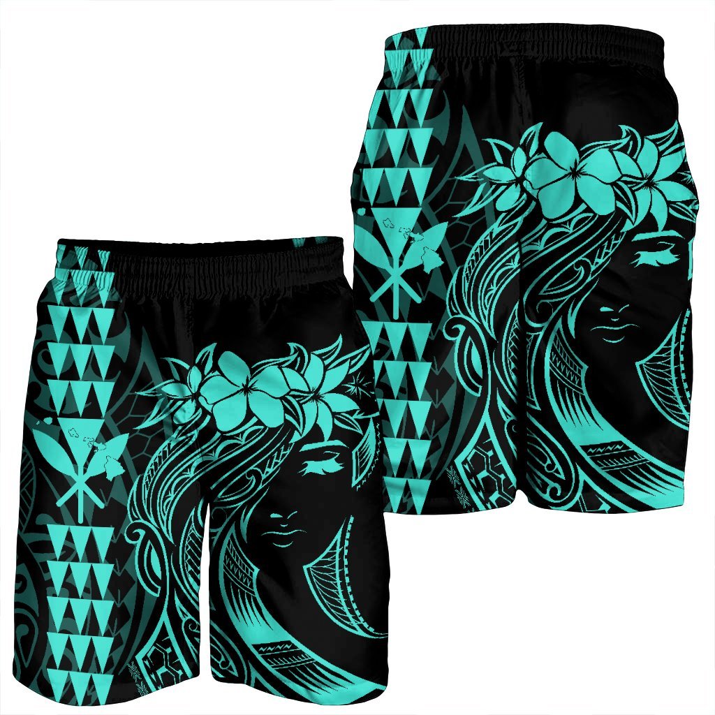 Hawaii Map Kanaka Polynesian Hula Girl Men's Shorts Turquoise - AH - J5C - Polynesian Pride