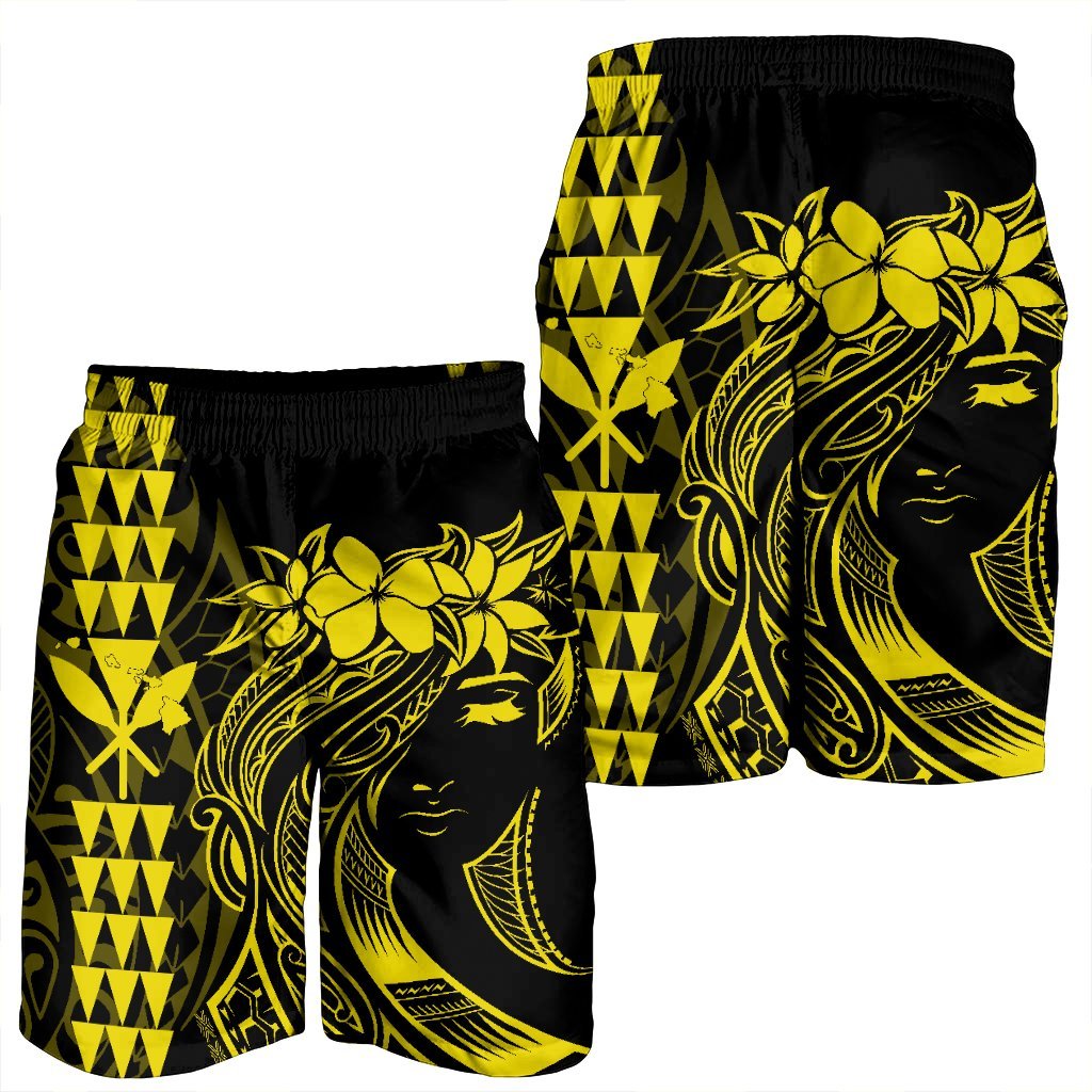 Hawaii Map Kanaka Polynesian Hula Girl Men's Shorts Yellow - AH - J5C - Polynesian Pride