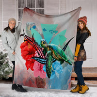 Hawaii Map Kanaka Sea Turtle Hibiscus Premium Blankets - AH - Blue Pink - Polynesian Pride