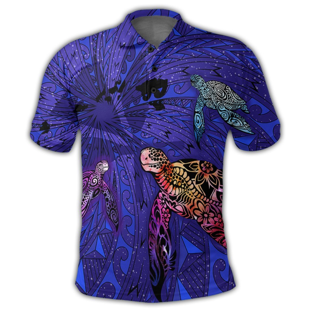 Hawaii Map Kanaka Turtle Polo Shirt Volcano Style Galaxy AH - Polynesian Pride