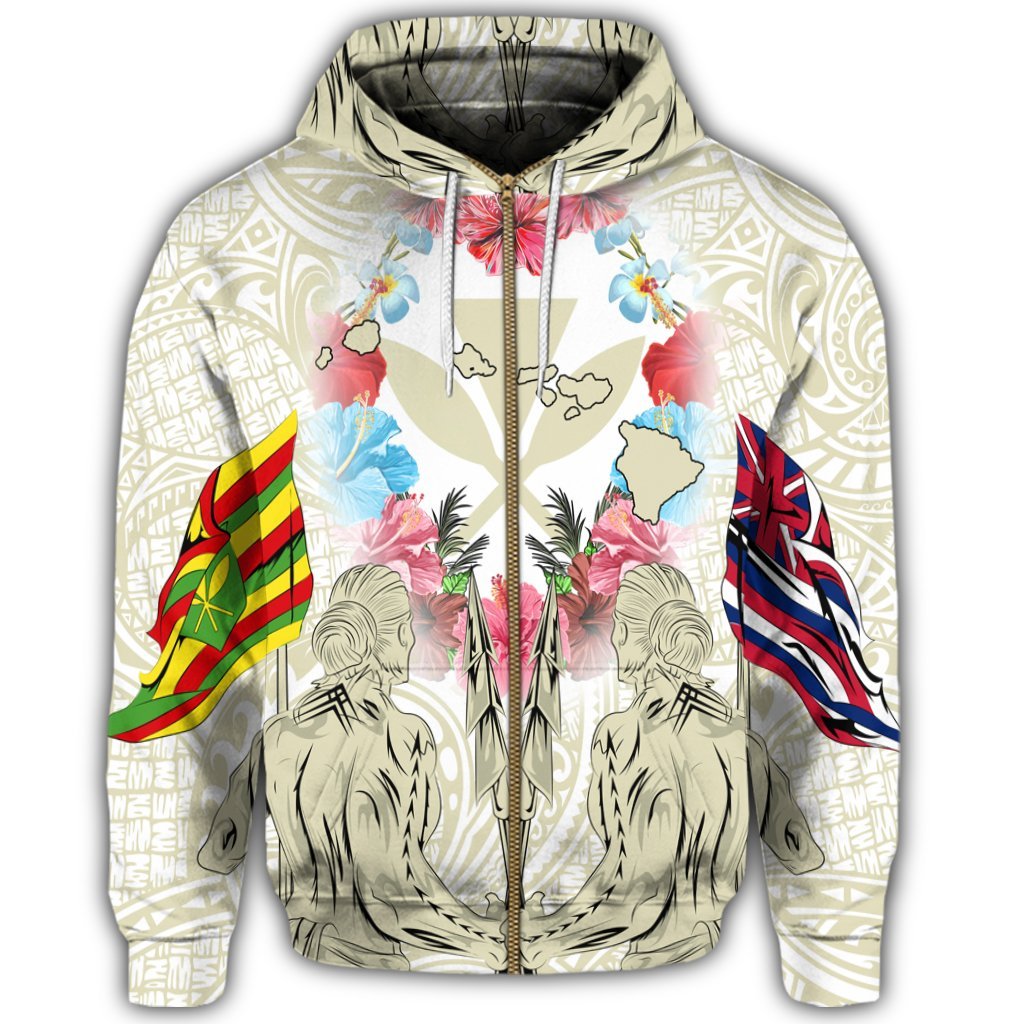 Hawaii Map Kanaka Two Men Holding Flag Zip Hoodie Beige - Polynesian Pride