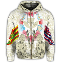 Hawaii Map Kanaka Two Men Holding Flag Zip Hoodie Beige - Polynesian Pride