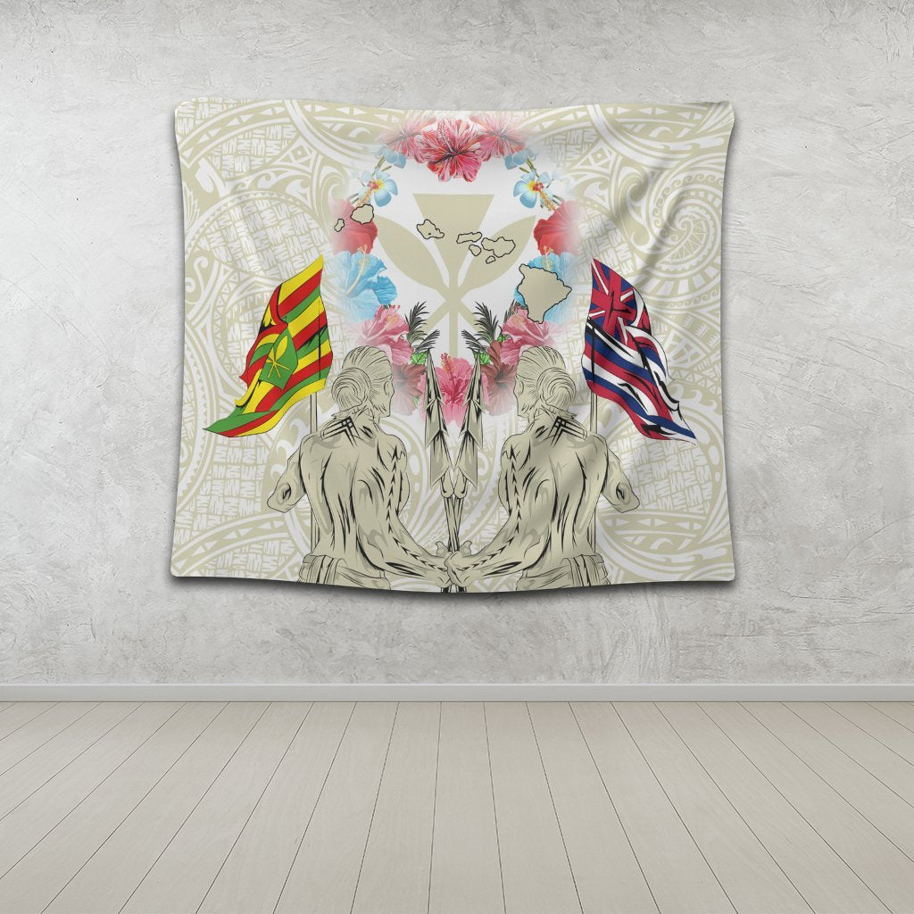 Hawaii Map Kanaka Two Men Holding Flag Tapestry Beige - AH - Polynesian Pride