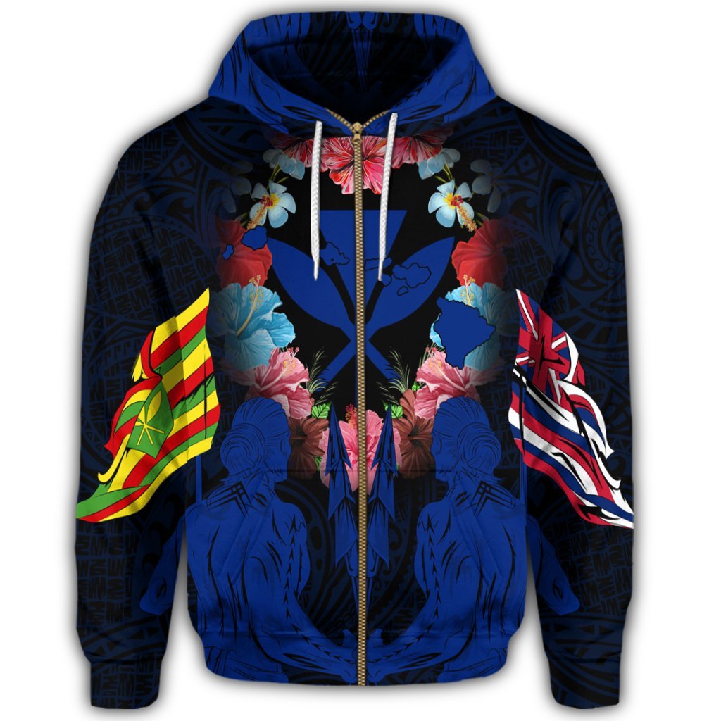 Hawaii Map Kanaka Two Men Holding Flag Zip Hoodie Blue - Polynesian Pride