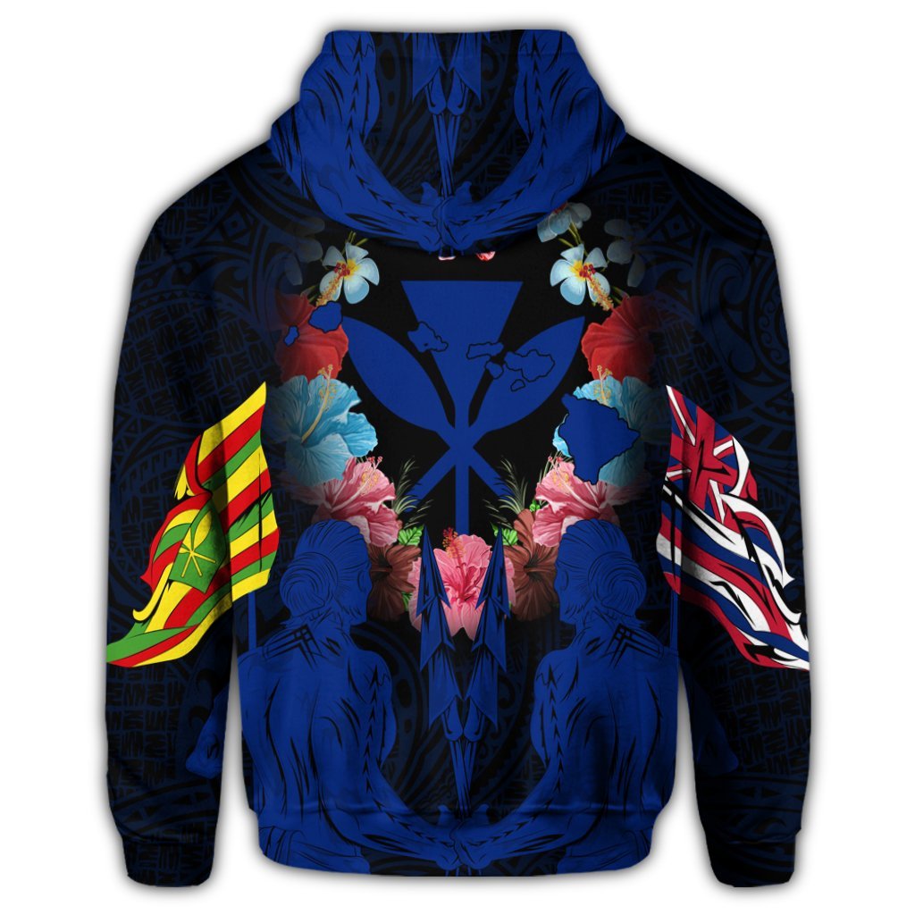 Hawaii Map Kanaka Two Men Holding Flag Zip Hoodie Blue - Polynesian Pride