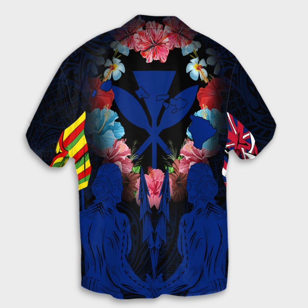 Hawaii Map Kanaka Two Men Holding Flag Hawaiian Shirt Blue - AH - Polynesian Pride