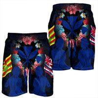 Hawaii Map Kanaka Two Men Holding Flag Men's Shorts Blue - AH - Polynesian Pride