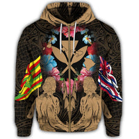Hawaii Map Kanaka Two Men Holding Flag Zip Hoodie Gold - Polynesian Pride