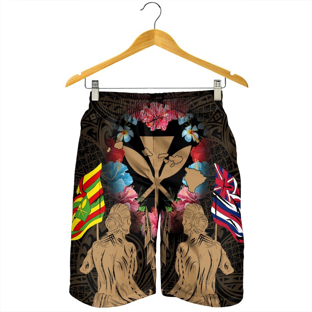 Hawaii Map Kanaka Two Men Holding Flag Men's Shorts Gold - AH - Polynesian Pride