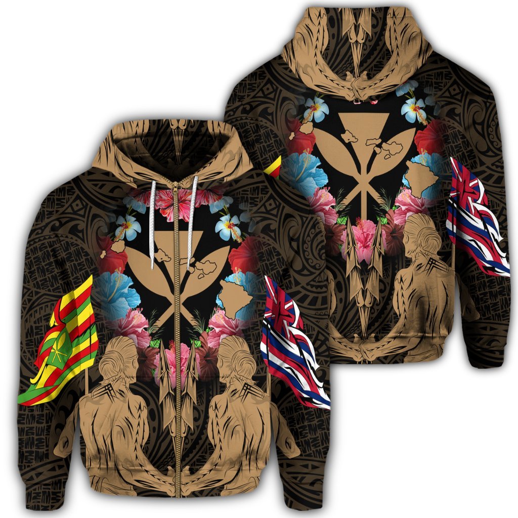 Hawaii Map Kanaka Two Men Holding Flag Zip Hoodie Gold Unisex Art - Polynesian Pride