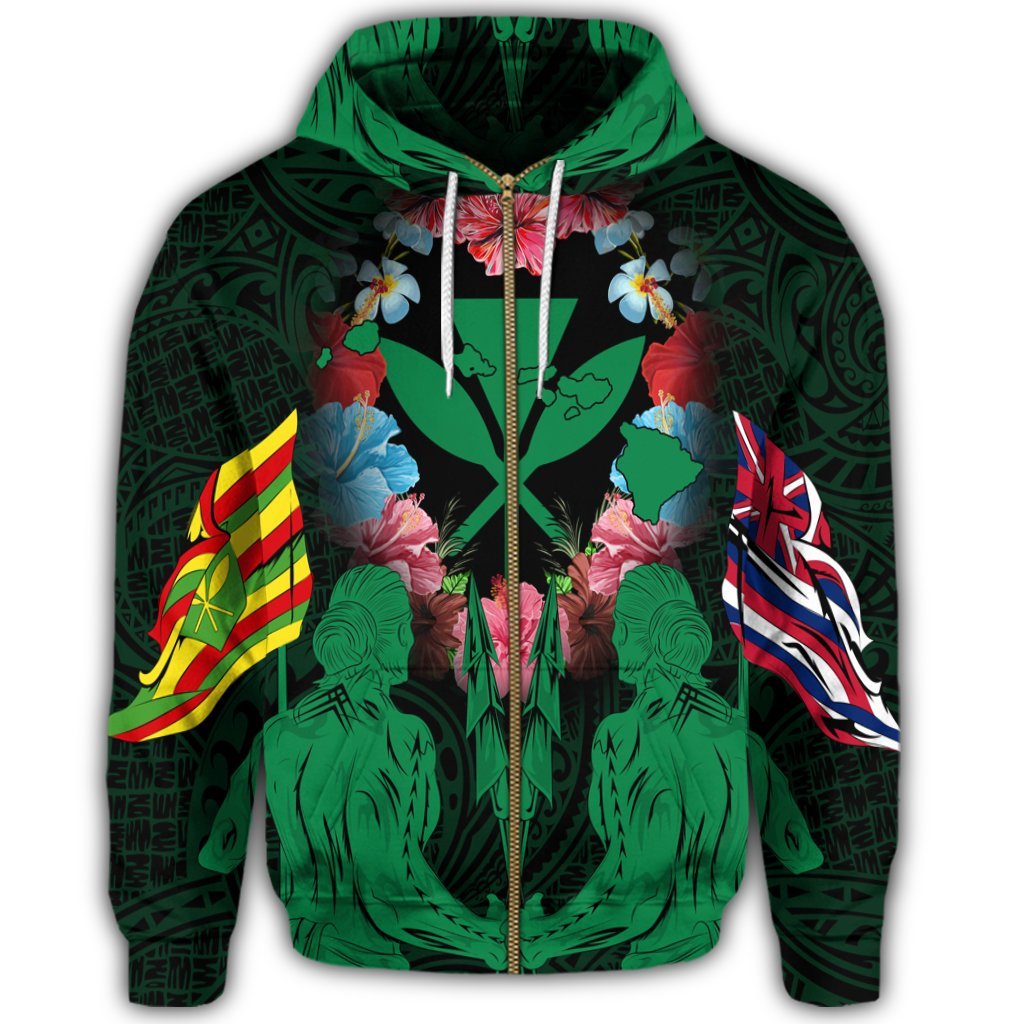 Hawaii Map Kanaka Two Men Holding Flag Zip Hoodie Green - Polynesian Pride