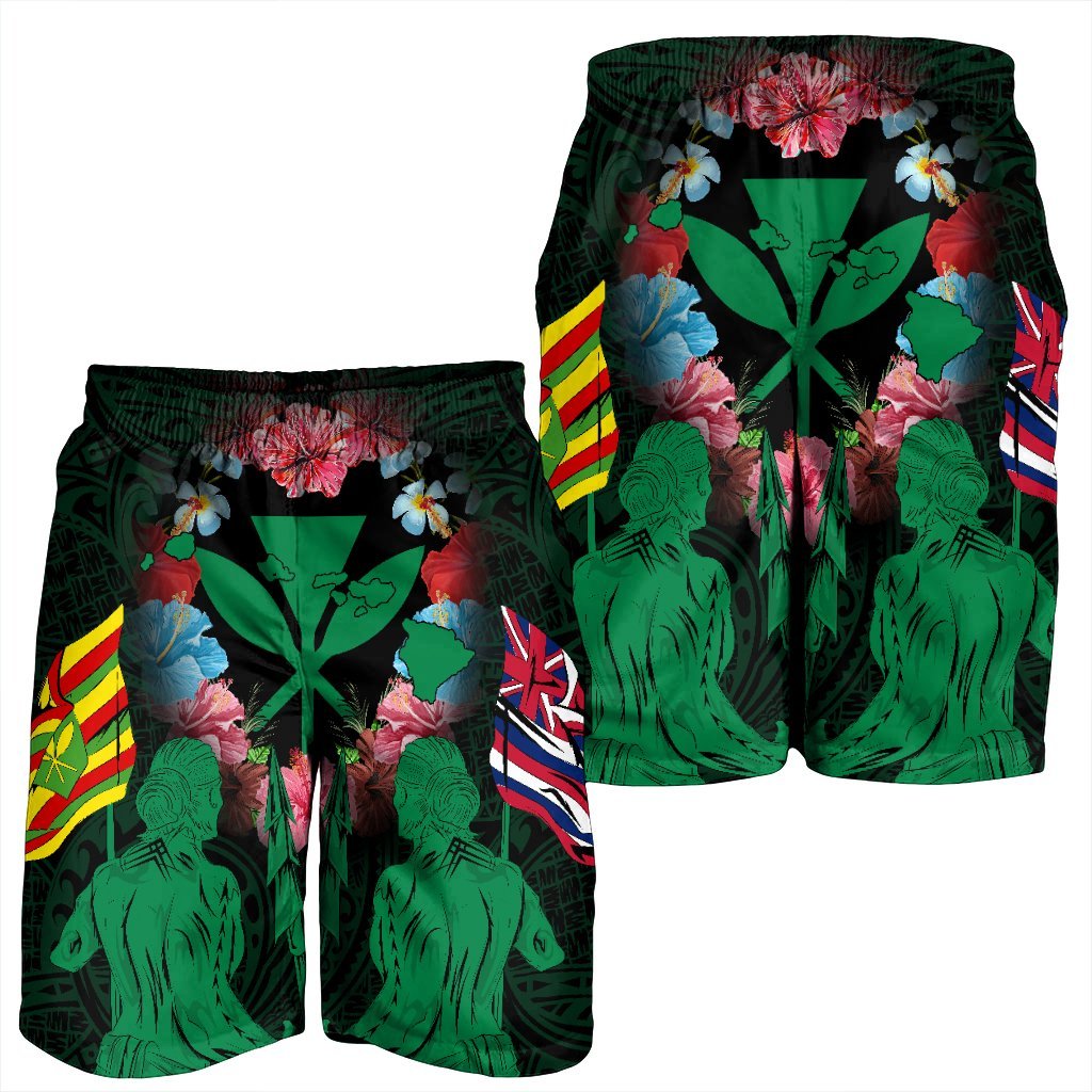 Hawaii Map Kanaka Two Men Holding Flag Men's Shorts Green - AH - Polynesian Pride