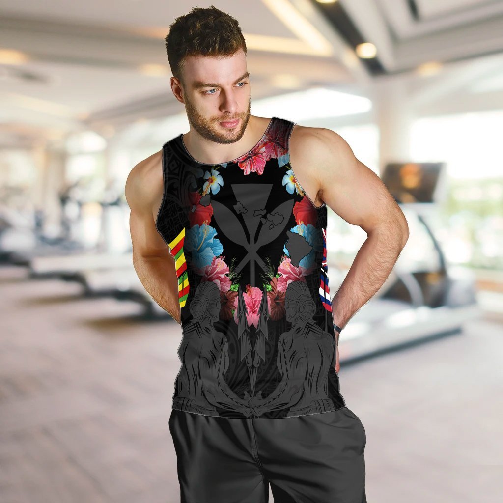 Hawaii Map Kanaka Two Men Holding Flag Tank Top Grey - AH - Polynesian Pride