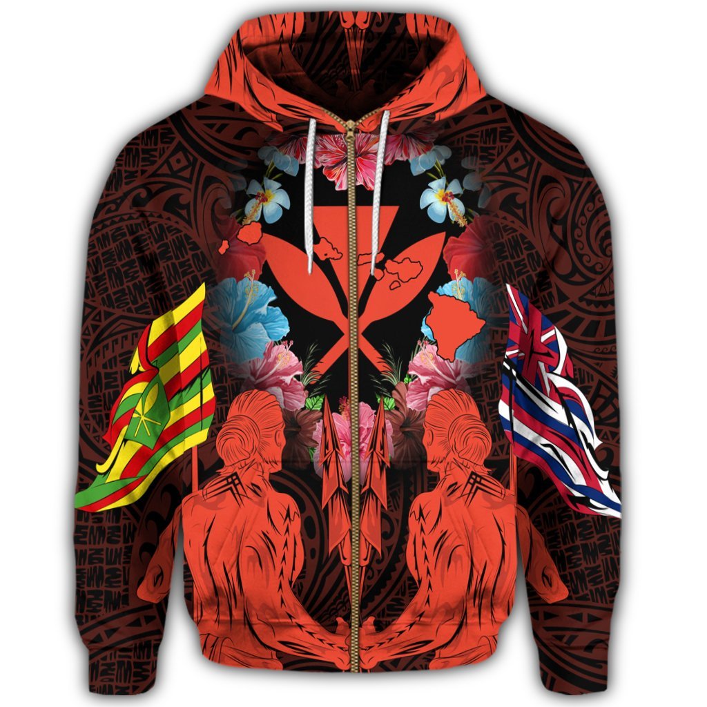Hawaii Map Kanaka Two Men Holding Flag Zip Hoodie Orange - Polynesian Pride