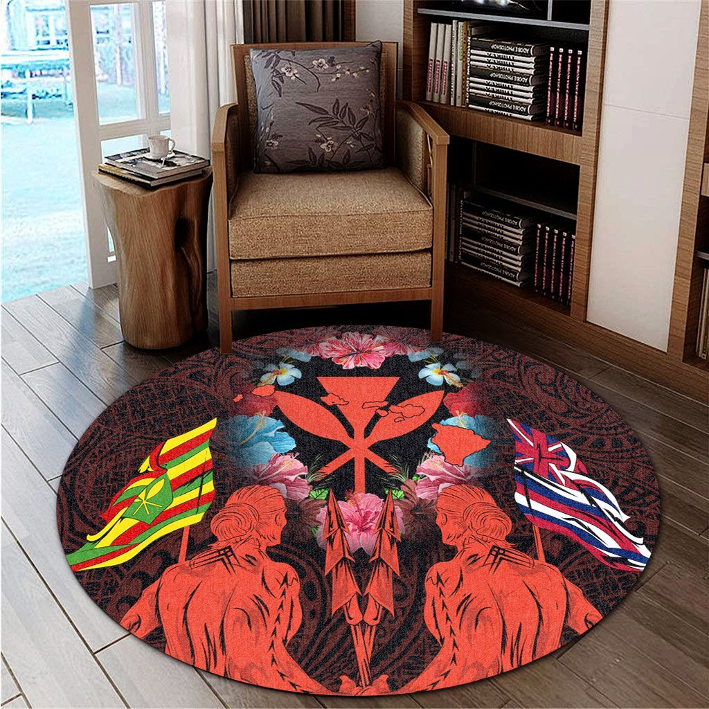 Hawaii Map Kanaka Two Men Holding Flag Round Carpet Orange - AH - Polynesian Pride