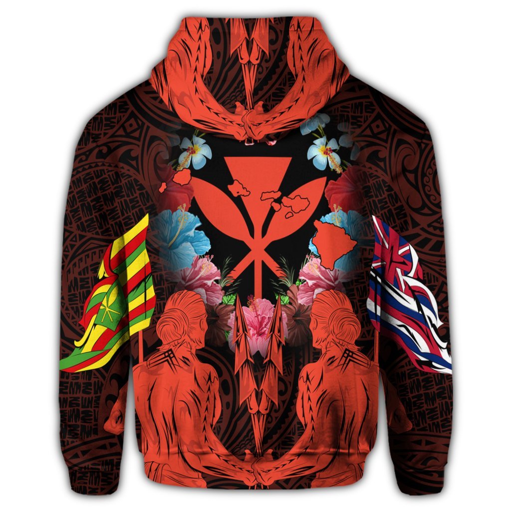 Hawaiian Map Kanaka Two Men Holding Flag Hoodie Orange - Polynesian Pride