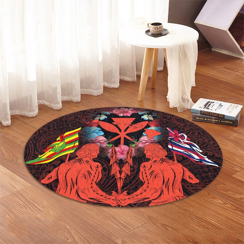 Hawaii Map Kanaka Two Men Holding Flag Round Carpet Orange - AH - Polynesian Pride