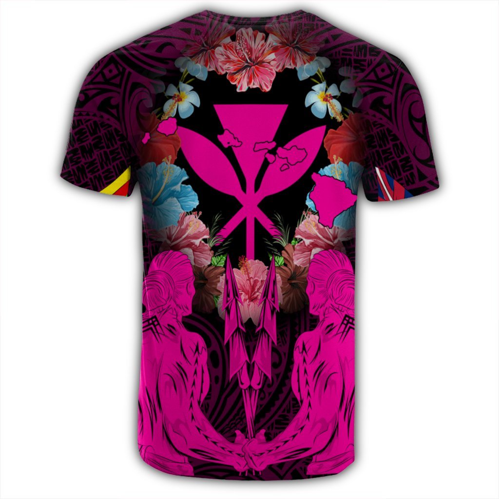 Hawaii Map Kanaka Two Men Holding Flag T Shirt Pink - Polynesian Pride