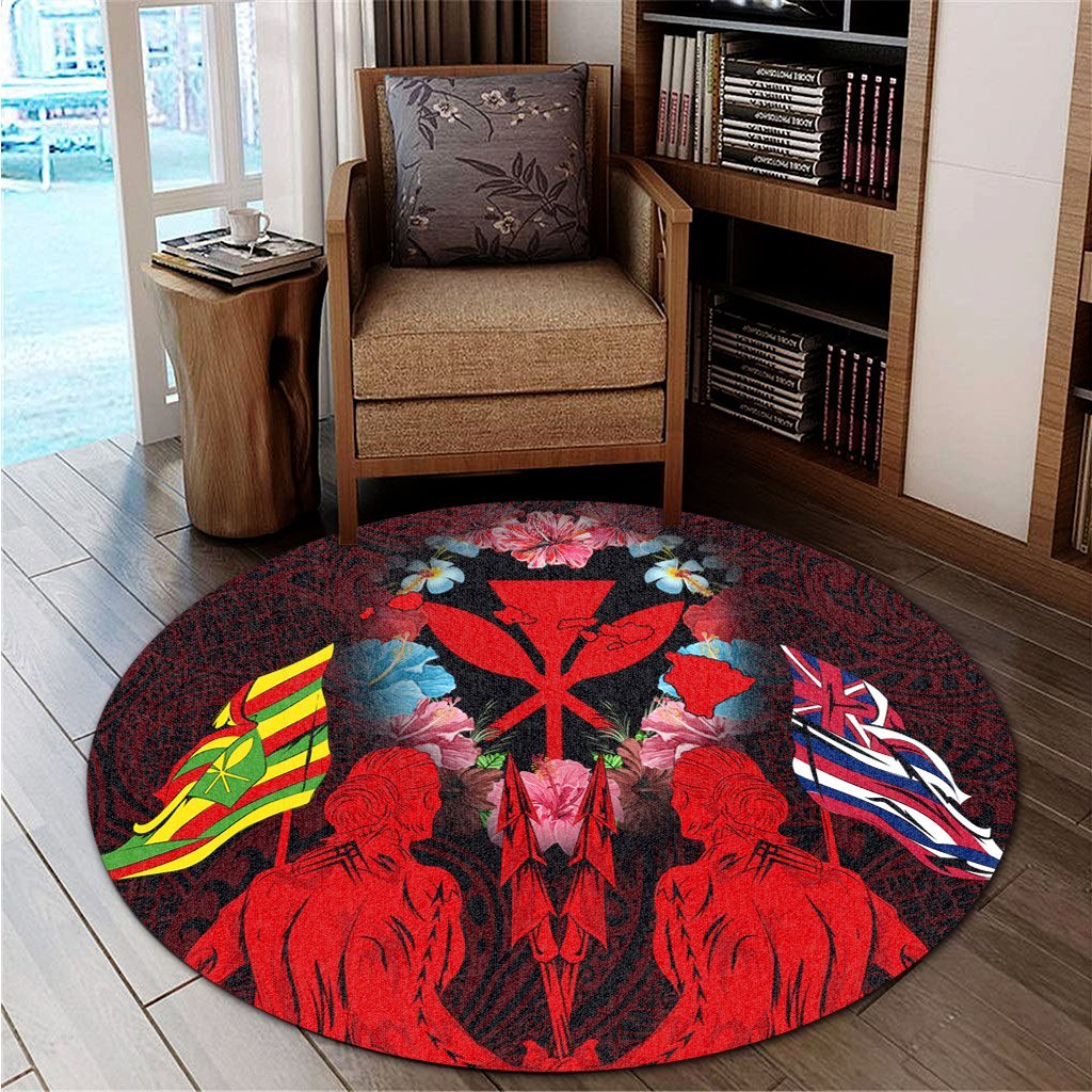 Hawaii Map Kanaka Two Men Holding Flag Round Carpet Red - AH - Polynesian Pride