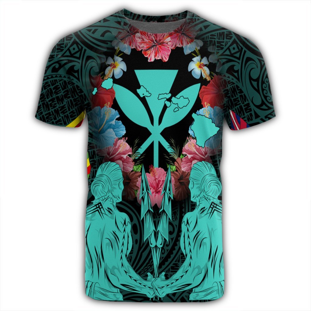 Hawaii Map Kanaka Two Men Holding Flag T Shirt Turquoise - Polynesian Pride