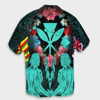 Hawaii Map Kanaka Two Men Holding Flag Hawaiian Shirt Turquoise - AH - Polynesian Pride