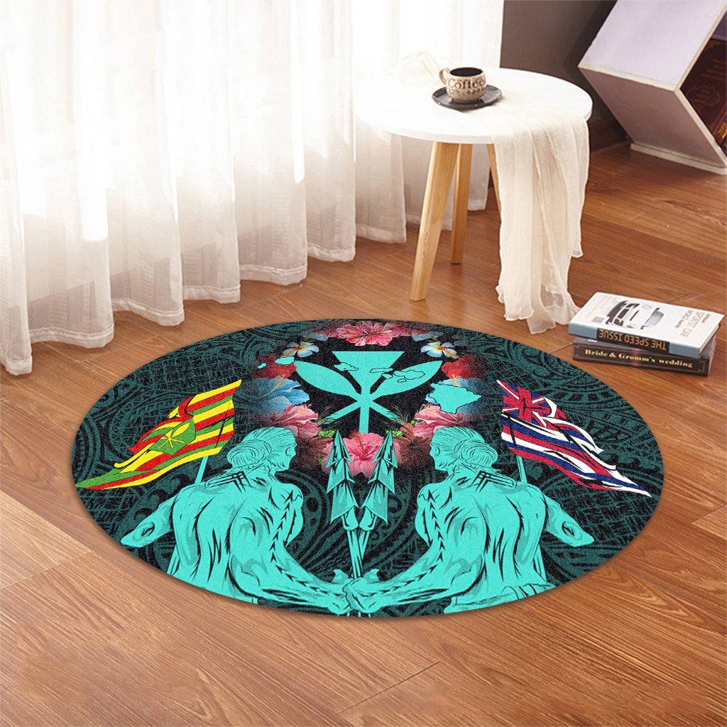 Hawaii Map Kanaka Two Men Holding Flag Round Carpet Turquoise - AH - Polynesian Pride