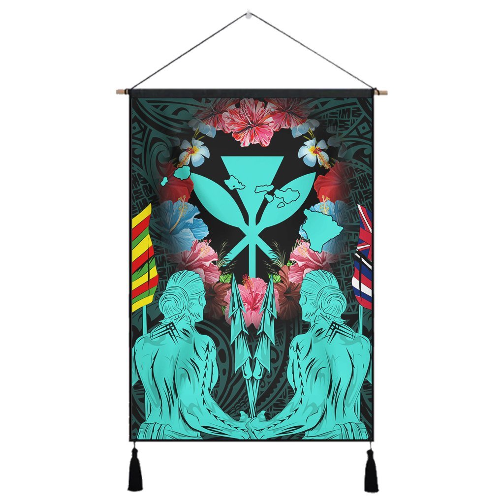 Hawaii Map Kanaka Two Men Holding Flag Hanging Poster Turquoise - AH Hanging Poster Cotton And Linen - Polynesian Pride