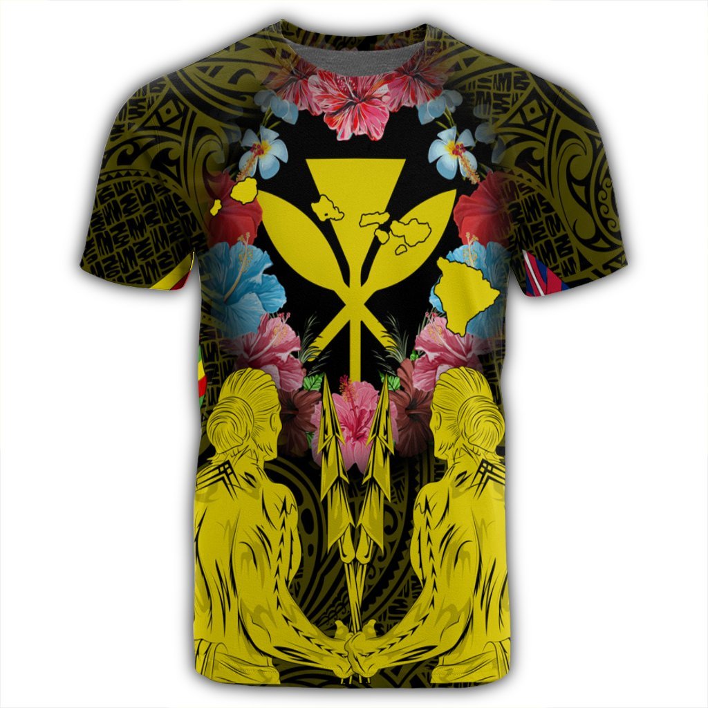 Hawaii Map Kanaka Two Men Holding Flag T Shirt Yellow - Polynesian Pride