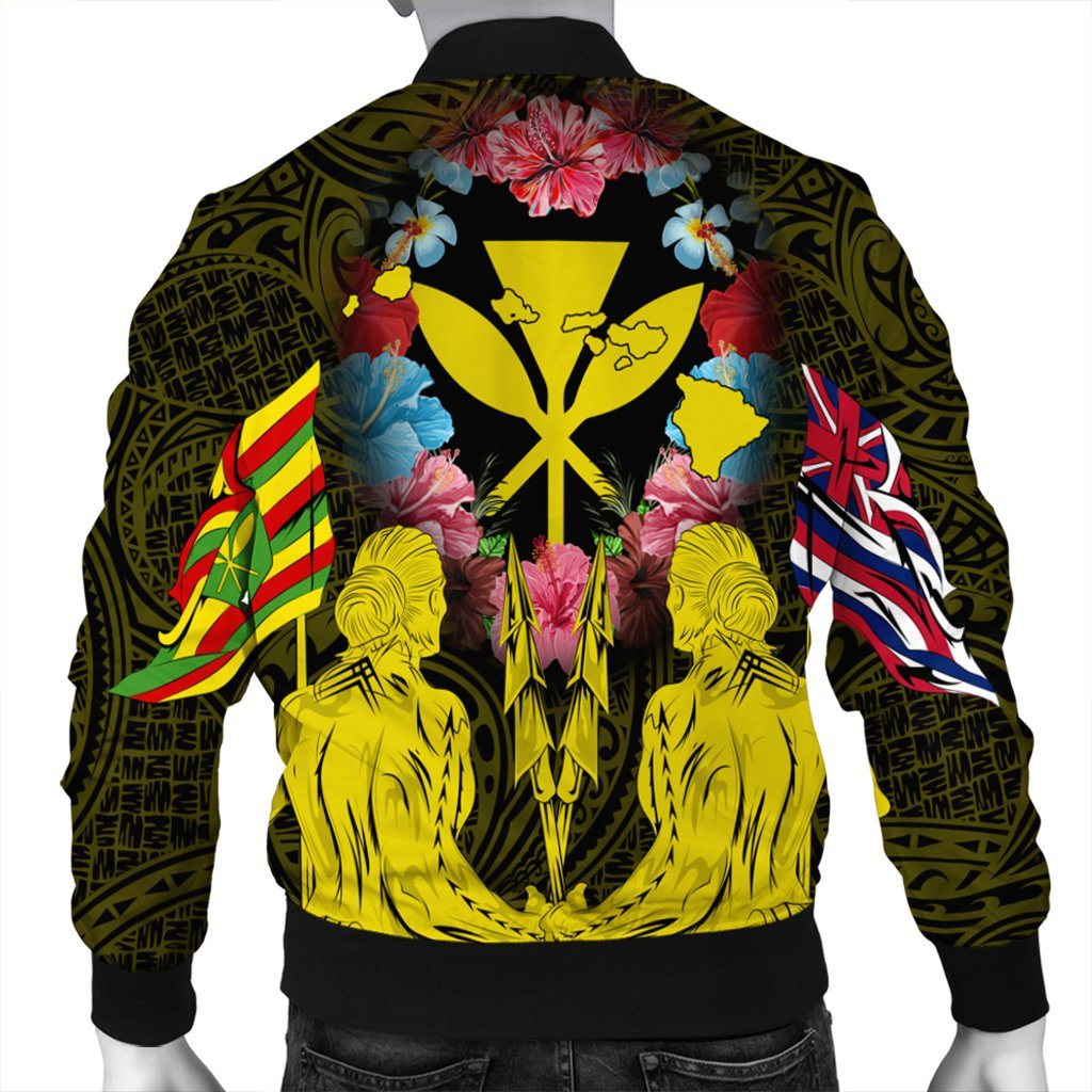 Hawaii Map Kanaka Two Men Holding Flag Bomber Jacket Yellow - AH - Polynesian Pride