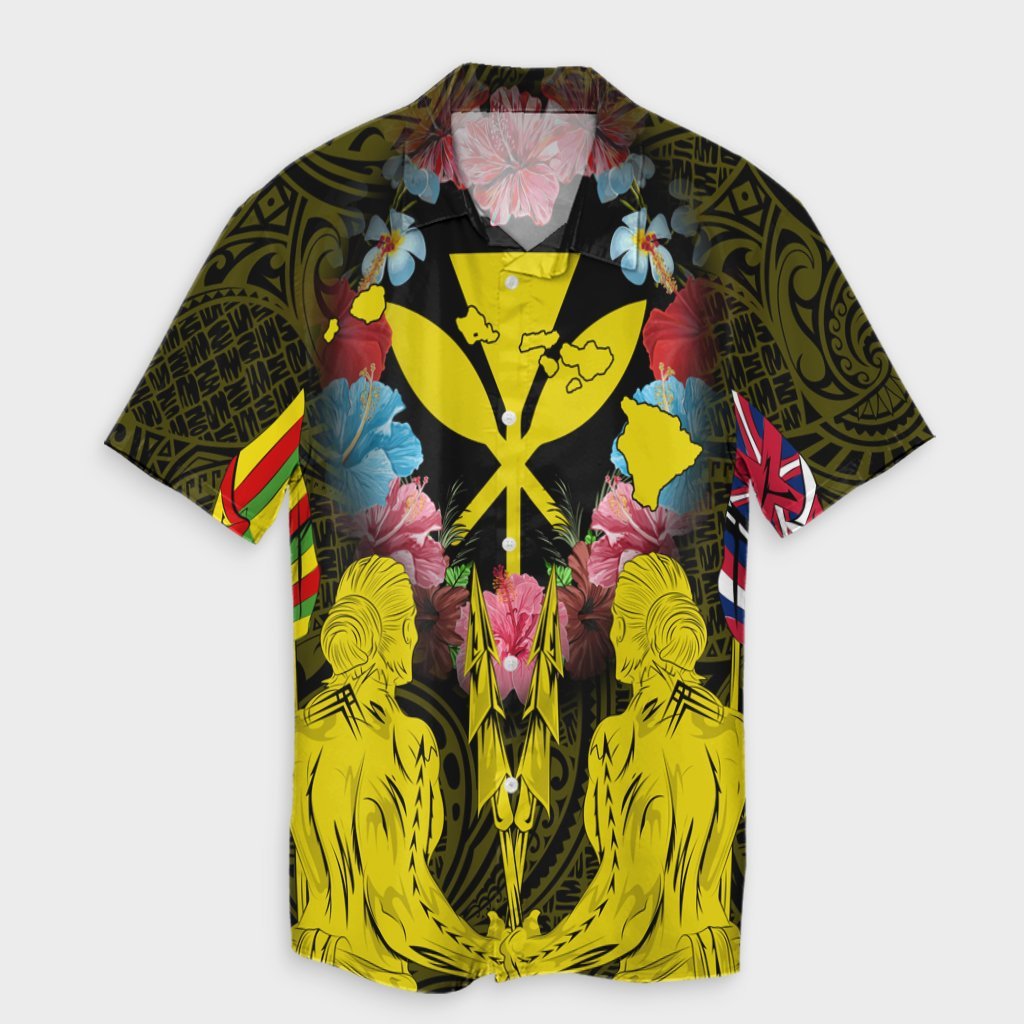Hawaii Map Kanaka Two Men Holding Flag Hawaiian Shirt Yellow - AH Unisex Black - Polynesian Pride