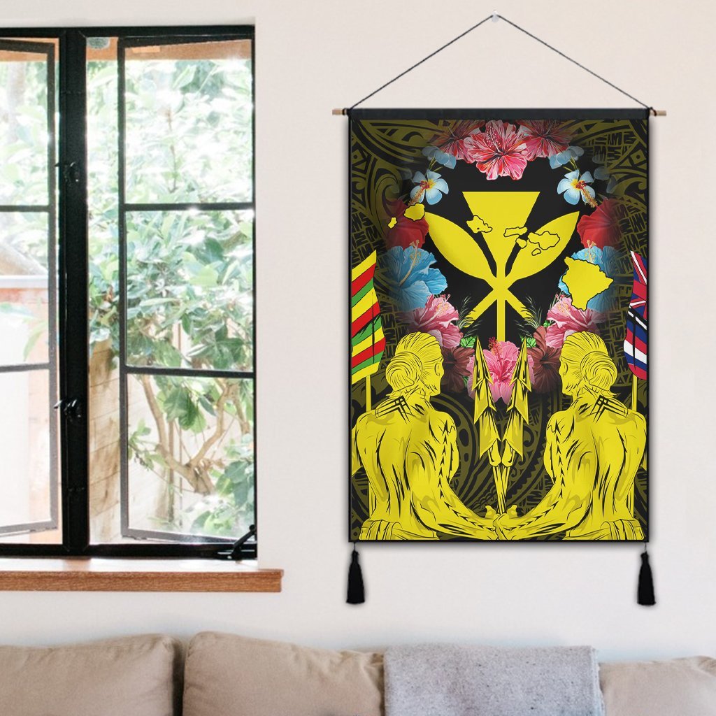 Hawaii Map Kanaka Two Men Holding Flag Hanging Poster Yellow - AH - Polynesian Pride