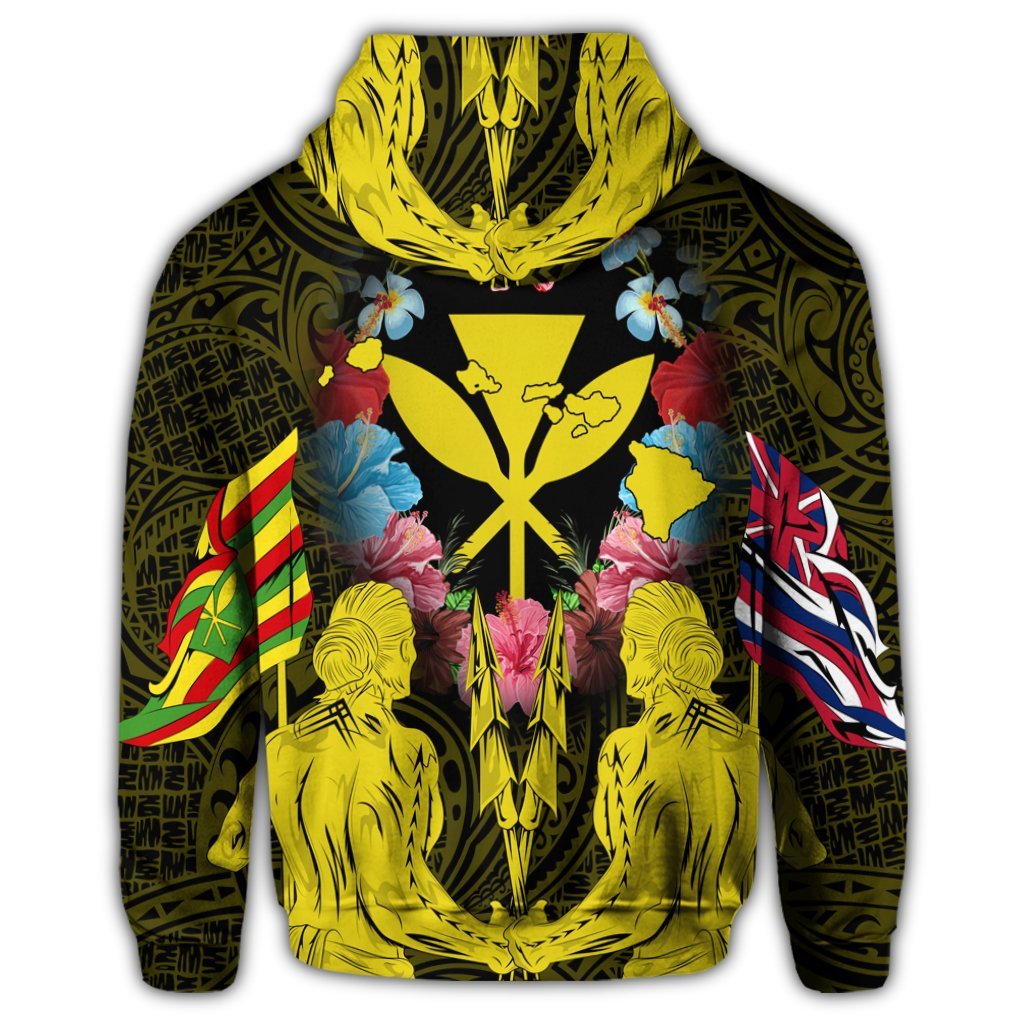 Hawaii Map Kanaka Two Men Holding Flag Zip Hoodie Yellow - Polynesian Pride