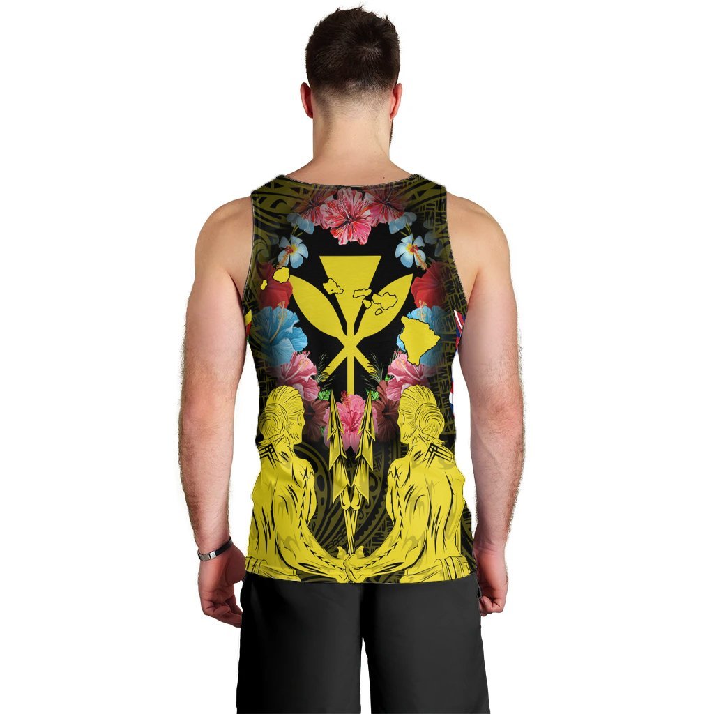 Hawaii Map Kanaka Two Men Holding Flag Tank Top Yellow - AH - Polynesian Pride