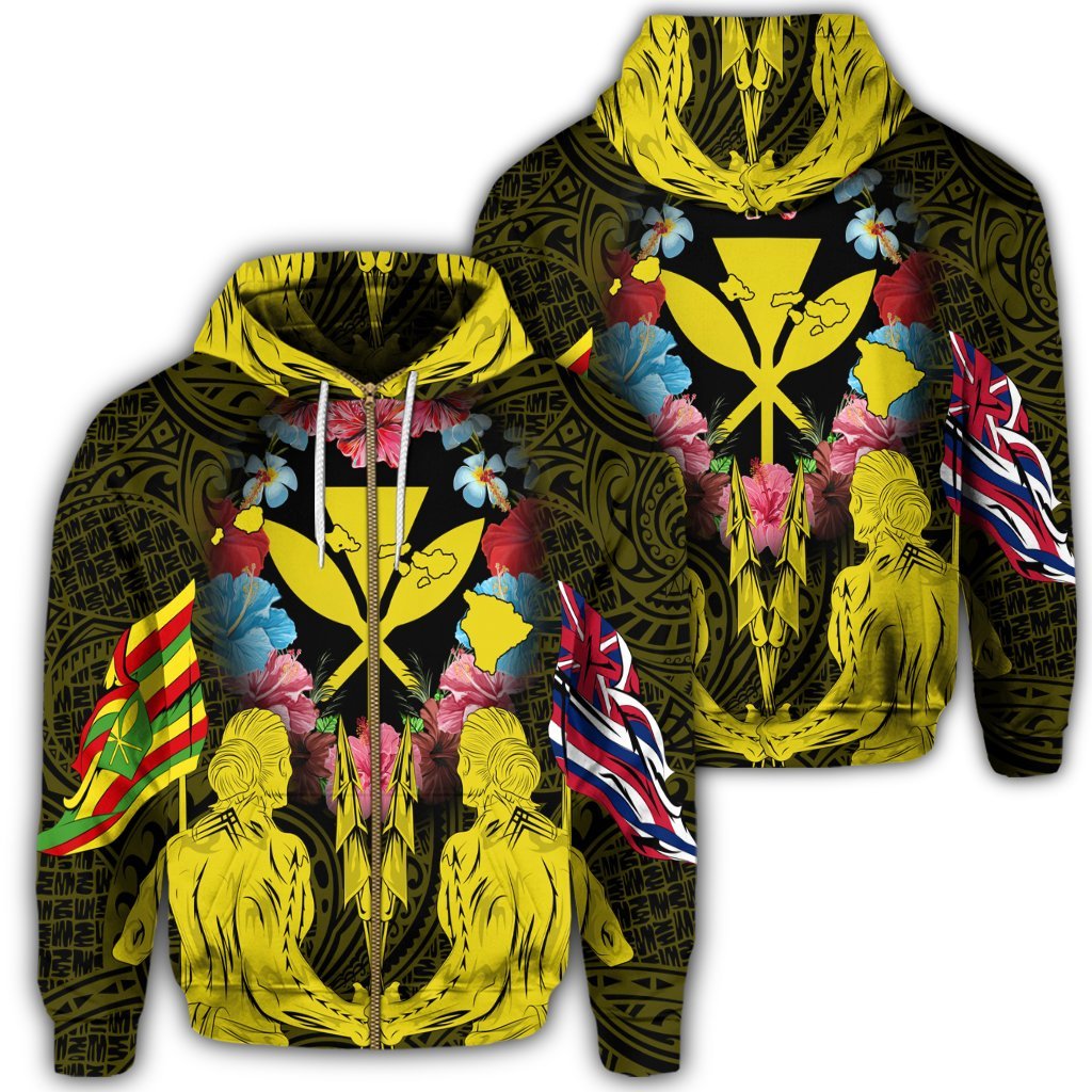 Hawaii Map Kanaka Two Men Holding Flag Zip Hoodie Yellow Unisex Art - Polynesian Pride