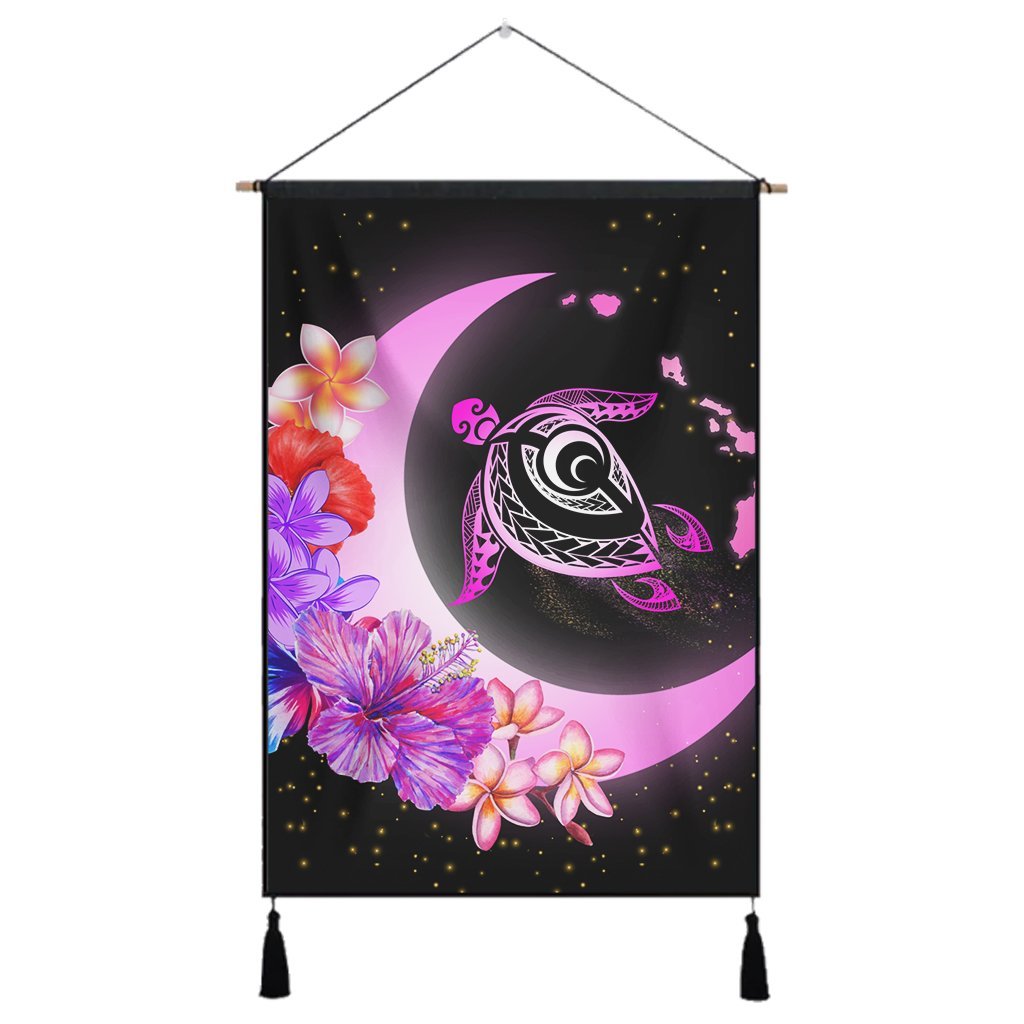 Hawaii Map Moon Star Turtle Plumeria Hibiscus Hanging Poster - AH Hanging Poster Cotton And Linen - Polynesian Pride