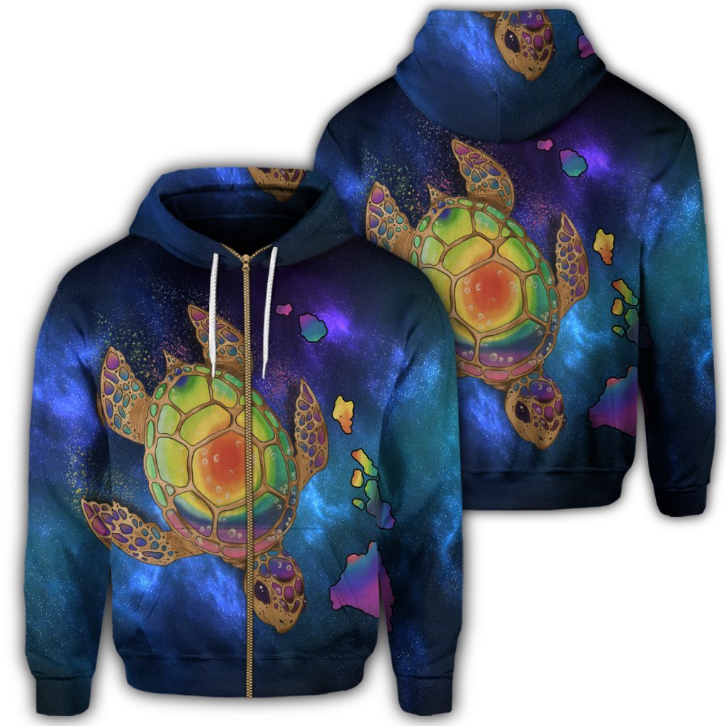 Hawaii Map Turtle Galaxy Zip Hoodie Blue Unisex Art - Polynesian Pride
