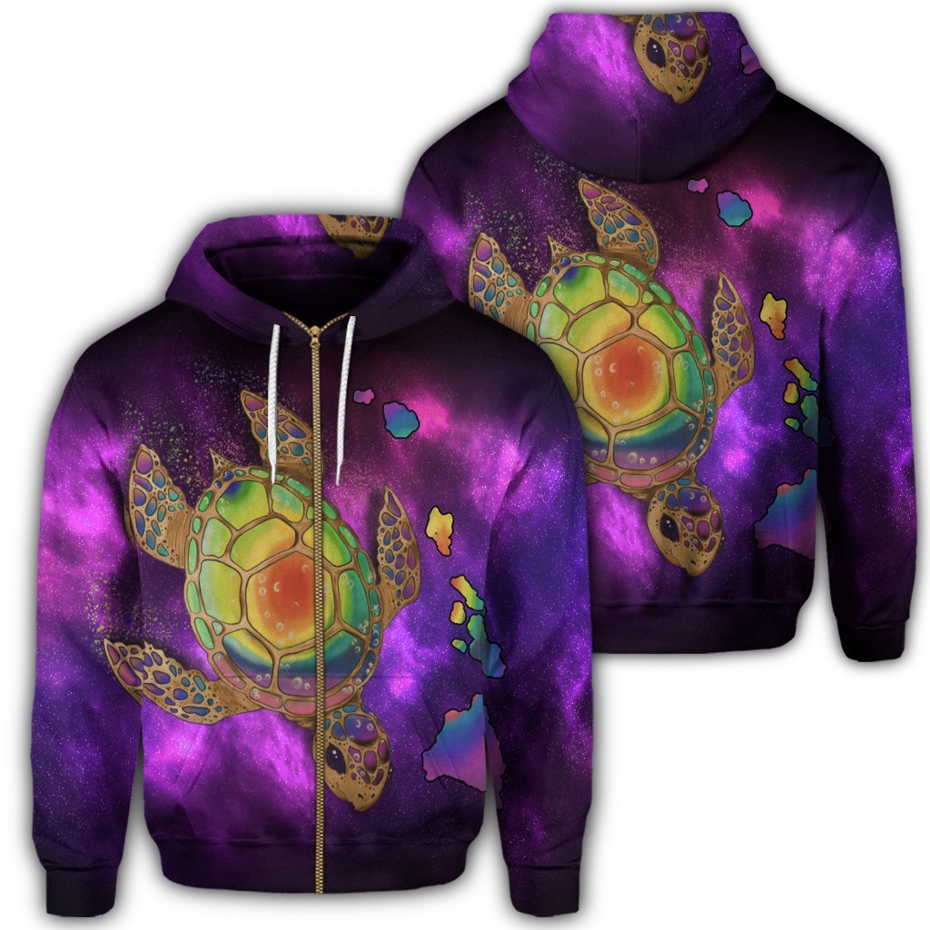 Hawaii Map Turtle Galaxy Zip Hoodie Purple Unisex Art - Polynesian Pride