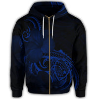 Hawaii Map Turtle Hibiscus Divise Polynesian Zip Hoodie Blue - Polynesian Pride