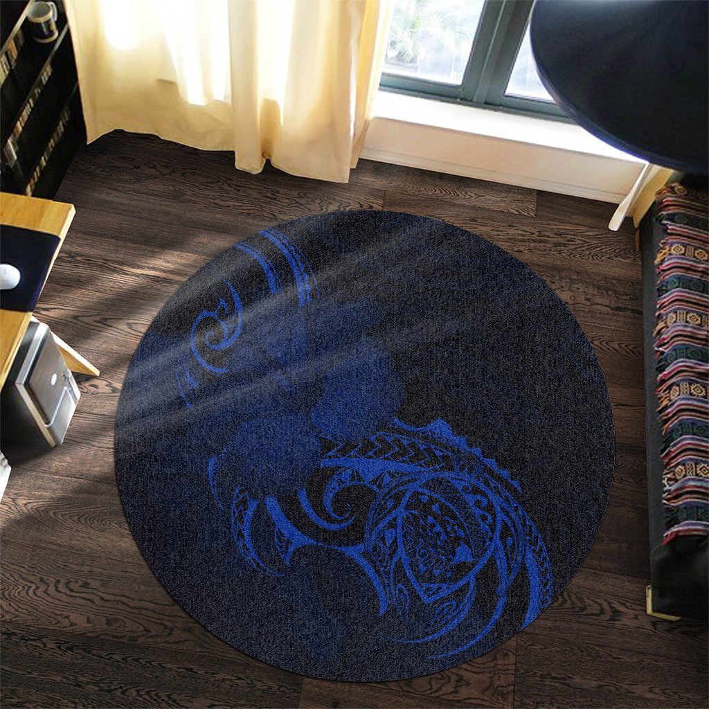 Hawaii Map Turtle Hibiscus Divise Polynesian Round Carpet Blue - AH - Polynesian Pride