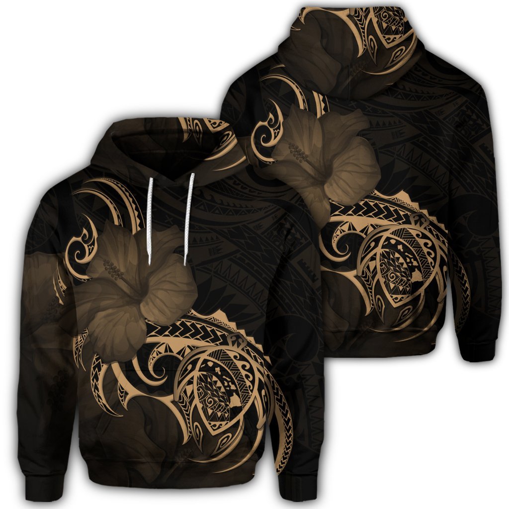 Hawaiian Map Turtle Hibiscus Divise Polynesian Hoodie Gold Unisex Art - Polynesian Pride