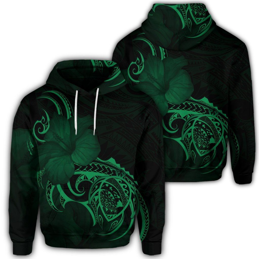 Hawaiian Map Turtle Hibiscus Divise Polynesian Hoodie Green Unisex Art - Polynesian Pride